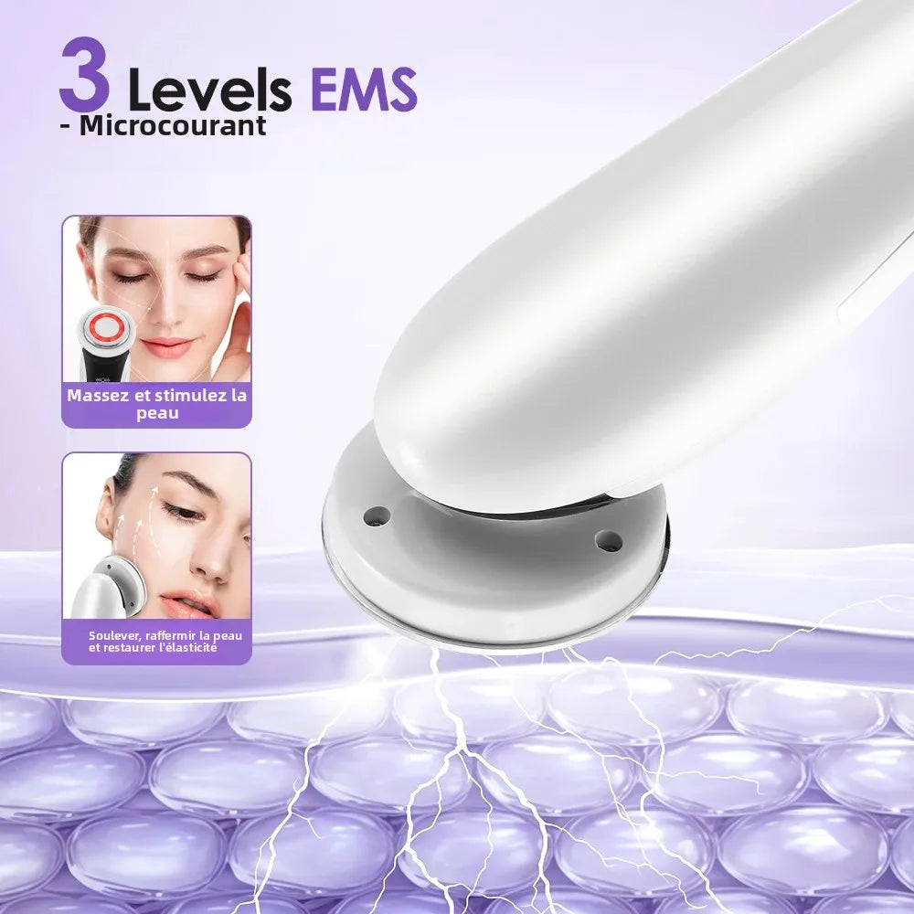Appareil de massage facial EMS 7 en 1, instrument de beauté pour le visage avec vibrations induites, compresses chaudes et thérapie par la lumière LED.