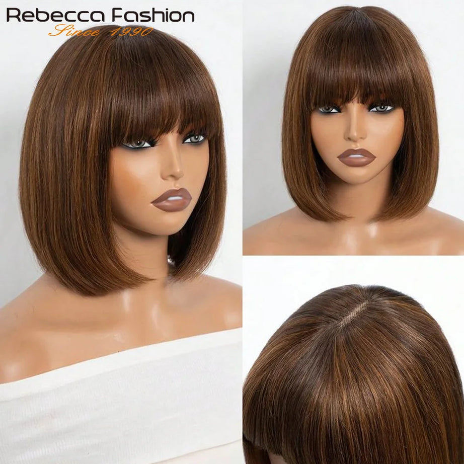 Perruques en cheveux humains lisses avec frange, raie au milieu, coupe au carré, style brésilien, effet cuir chevelu réaliste.