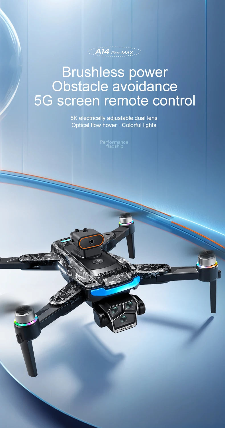 Véritable quadricoptère RC pliable A14 Pro Max GPS Brushless 8K avec trois caméras, détection d'obstacles et écran, pour une portée optimale.