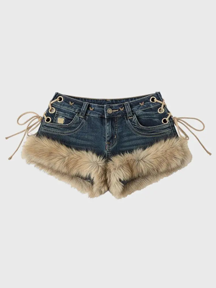 Short en jean slim à empiècements duveteux style rétro Y2K, nouveauté hiver pour femme
