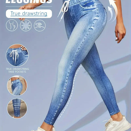 High Stretch Drawstring Imitation Denim Inspired Leggings For Women High Waist Slim Fit Lifted Buttocks Tight Pants Leggings