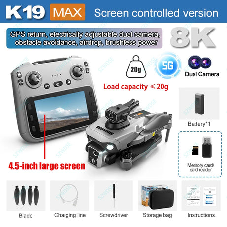 Nouveau drone K19 MAX GPS professionnel avec caméra 8K, vol FPV aérien, évitement d'obstacles, télécommande grand écran et drone pliable