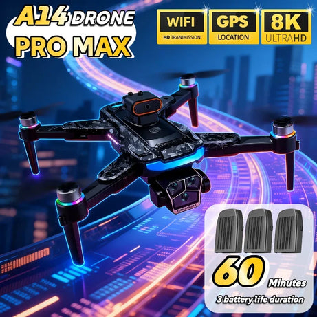 Véritable quadricoptère RC pliable A14 Pro Max GPS Brushless 8K avec trois caméras, détection d'obstacles et écran, pour une portée optimale.