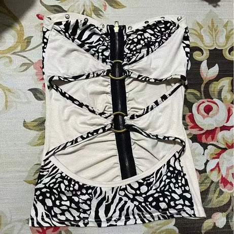 Débardeur sexy rétro slim sans bretelles, imprimé léopard, style punk Harajuku, fermeture éclair.