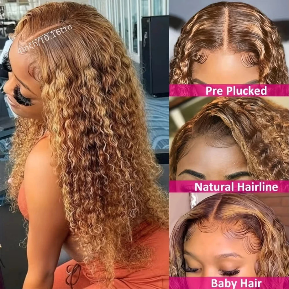 Perruque en cheveux humains avec mèches, ondulations profondes, perruque frontale en dentelle HD 13x6, perruque ondulée 13x4, perruque bouclée en cheveux humains avec dentelle frontale.