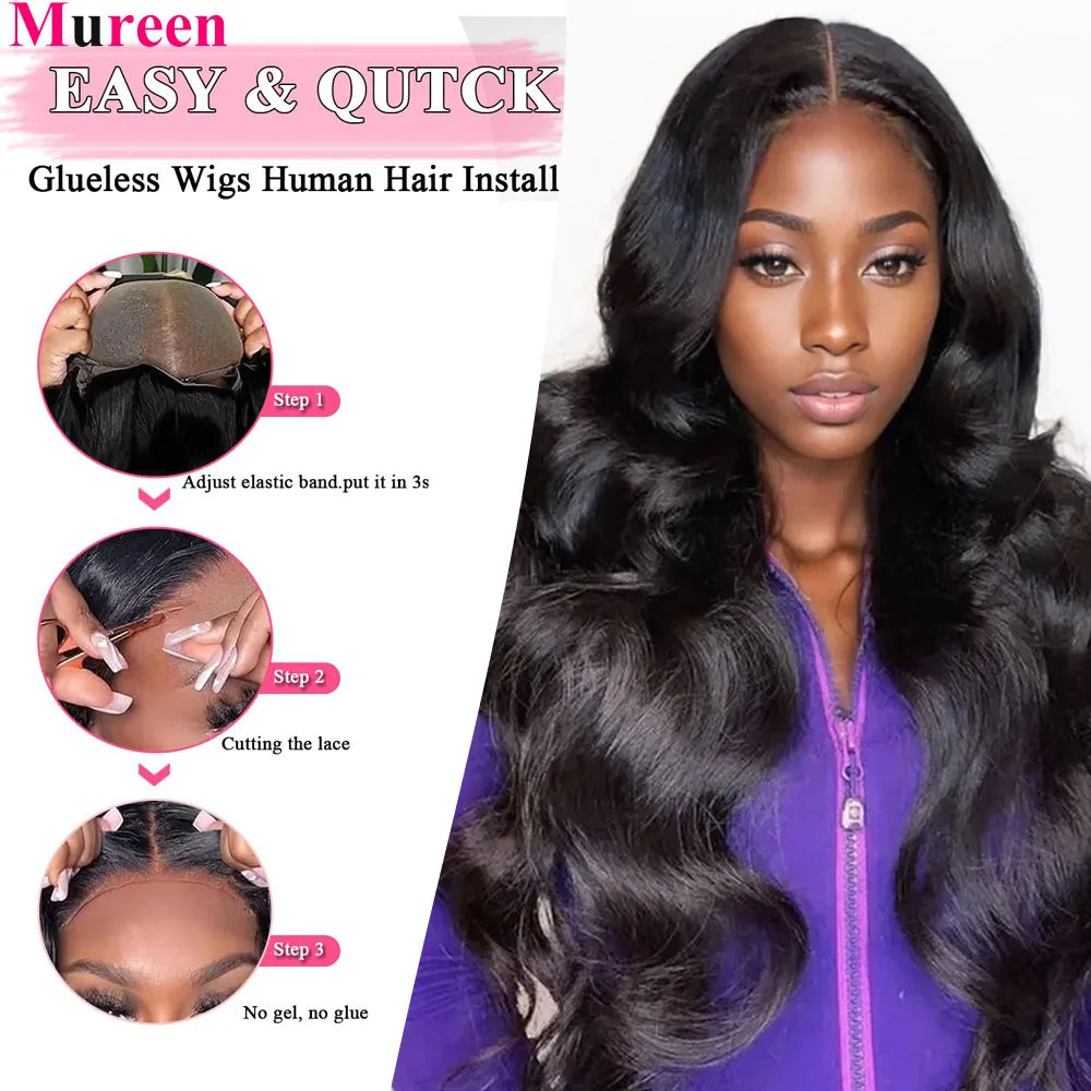 Perruque sans colle, densité 250, cheveux humains pré-épilés, ondulés, avec lace front pour femmes, fermeture en dentelle prédécoupée 4x4.