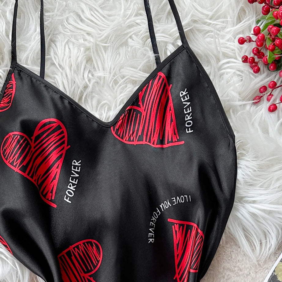 Nuisette en satin à imprimé lèvres rouges pour la Saint-Valentin, mini-robe de nuit dos nu à col en V, vêtements de nuit pour femmes