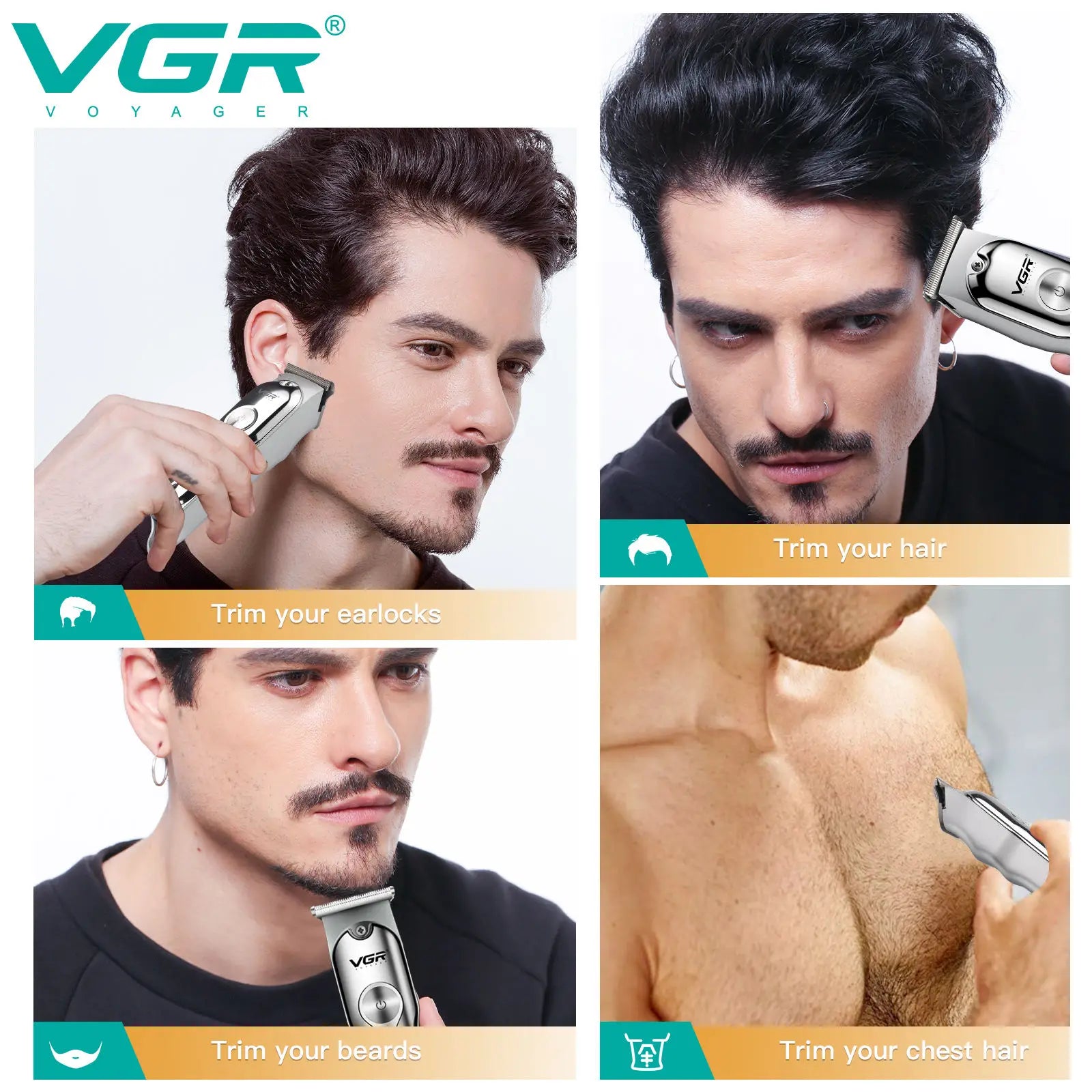 Tondeuse à cheveux professionnelle VGR 071, rechargeable, sans fil, portable, avec lame en T, pour hommes