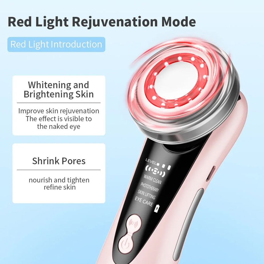 Appareil de massage facial EMS 7 en 1, instrument de beauté pour le visage avec vibrations induites, compresses chaudes et thérapie par la lumière LED.