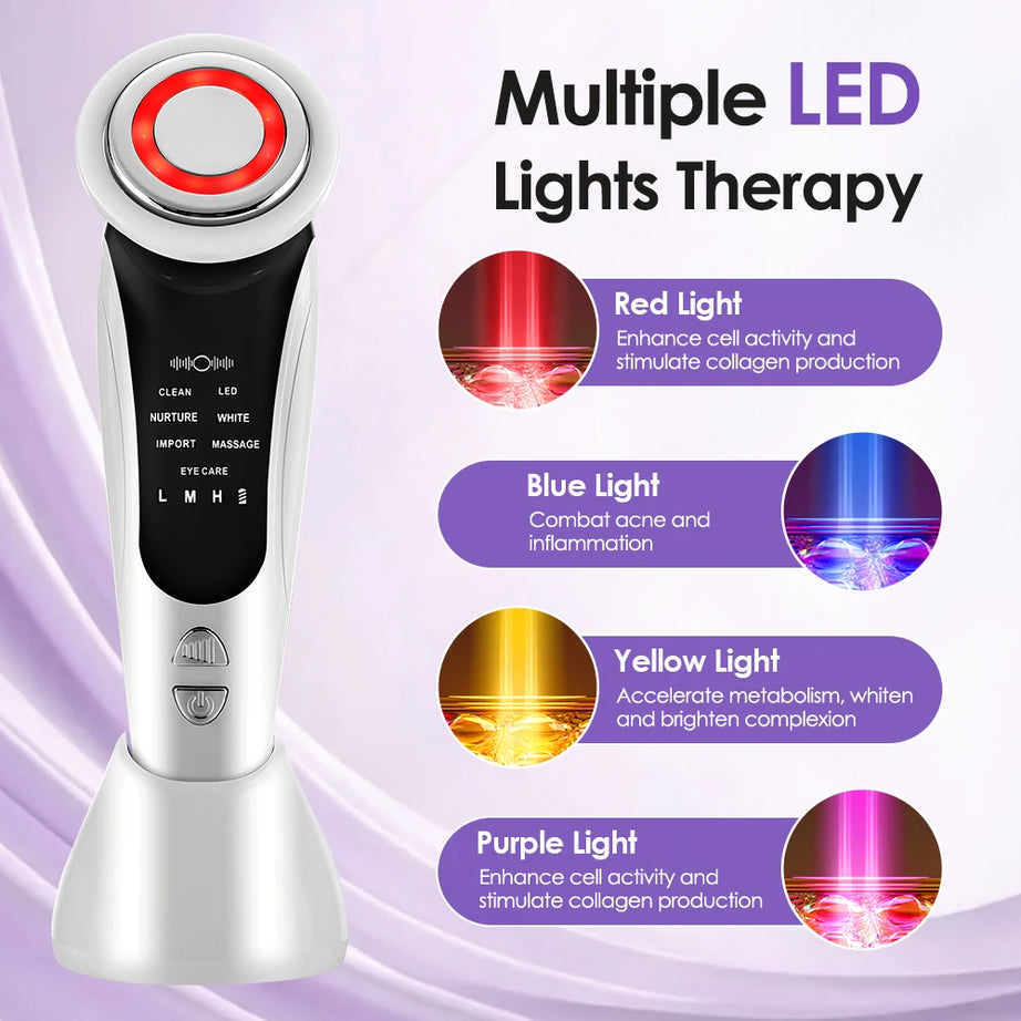Appareil de massage facial EMS 7 en 1, instrument de beauté pour le visage avec vibrations induites, compresses chaudes et thérapie par la lumière LED.