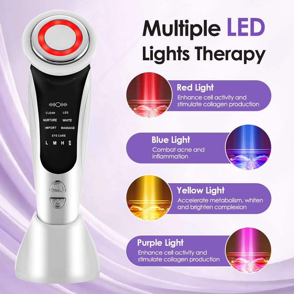 Appareil de massage facial EMS 7 en 1, instrument de beauté pour le visage avec vibrations induites, compresses chaudes et thérapie par la lumière LED.