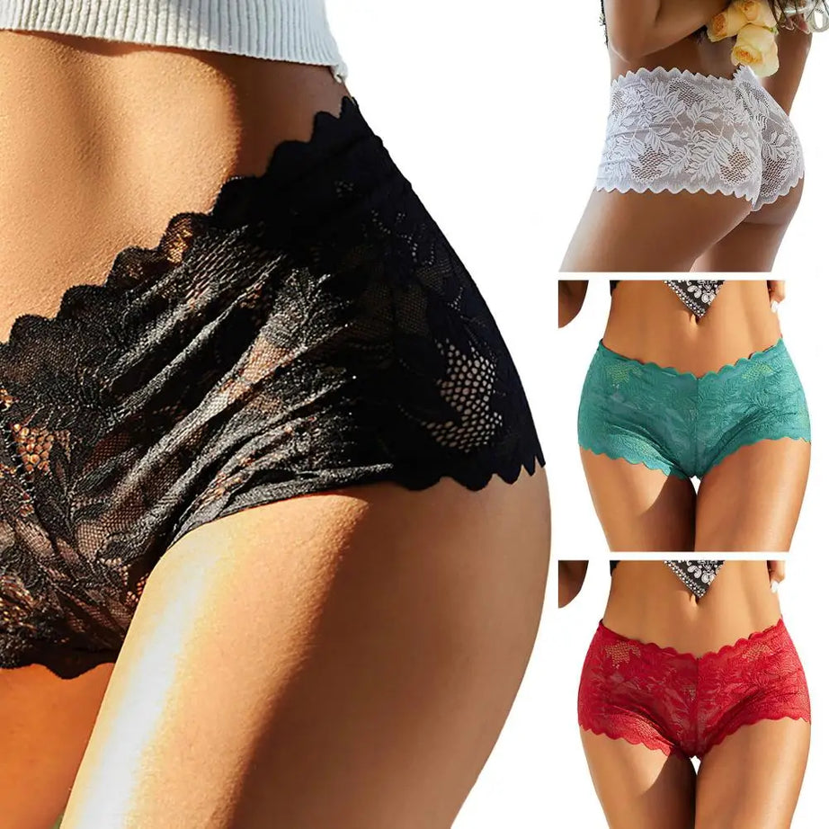 Culottes pour femmes en dentelle ajourée, taille mi-haute, antiseptiques, couleur unie, élastiques et transparentes. Sous-vêtements pour femmes.