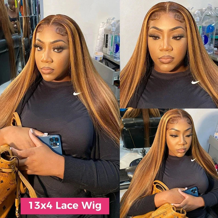 38 Inch Straight Human Hair Wigs Highlight Wig Human Hair 13x6 Hd Lace Frontal Wig Straight Wig 13x4  4/27 Honey Blond Ombre Wig