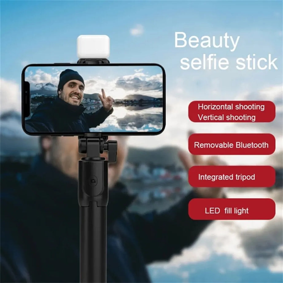 Perche à selfie sans fil avec support de téléphone, mini trépied multifonctionnel rétractable de 74 cm, lampe selfie LED et déclencheur à distance Bluetooth.