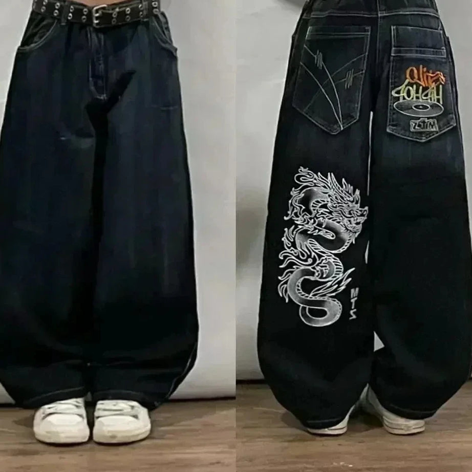 Jean tendance streetwear brodé de têtes de mort pour femme, style Harajuku Y2K, pantalon droit à jambes larges, style Joker, jean décontracté pour couple