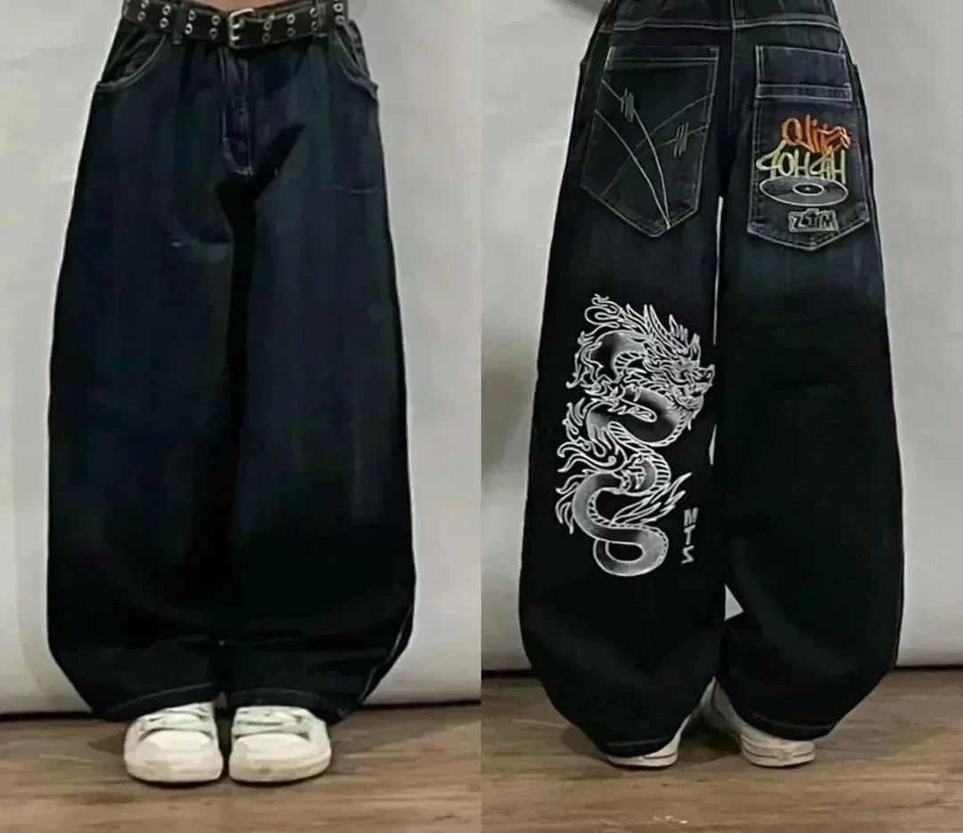 Jean tendance streetwear brodé de têtes de mort pour femme, style Harajuku Y2K, pantalon droit à jambes larges, style Joker, jean décontracté pour couple