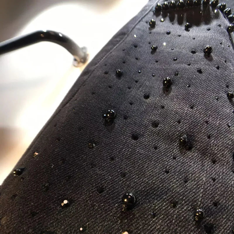 Jean en dentelle ajourée européenne 2025 pour femme, été, nouveau pantalon en denim noir à dentelle, perles industrielles lourdes, empiècements en denim à motif diamant, crochet