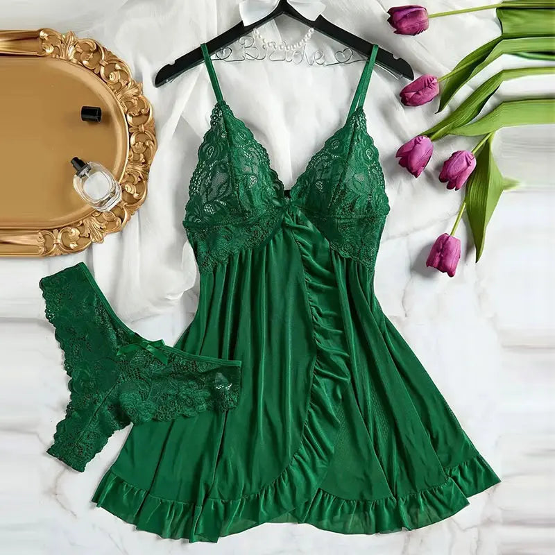 Robe de nuit d'été sexy et chaude, sans manches, dos nu, en dentelle transparente, couleur unie, pyjama doux, ensemble string court à col en V