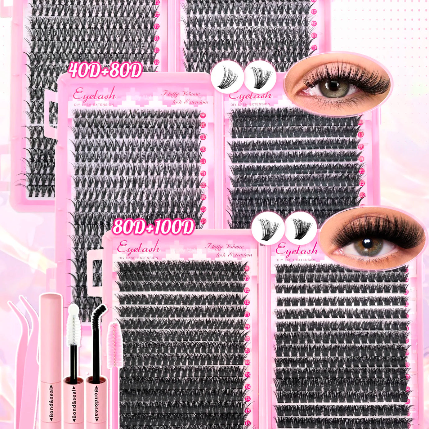 Kit d'extension de cils à faire soi-même : faux cils individuels de 9 à 16 mm avec colle et fixateur, effet naturel et vaporeux.