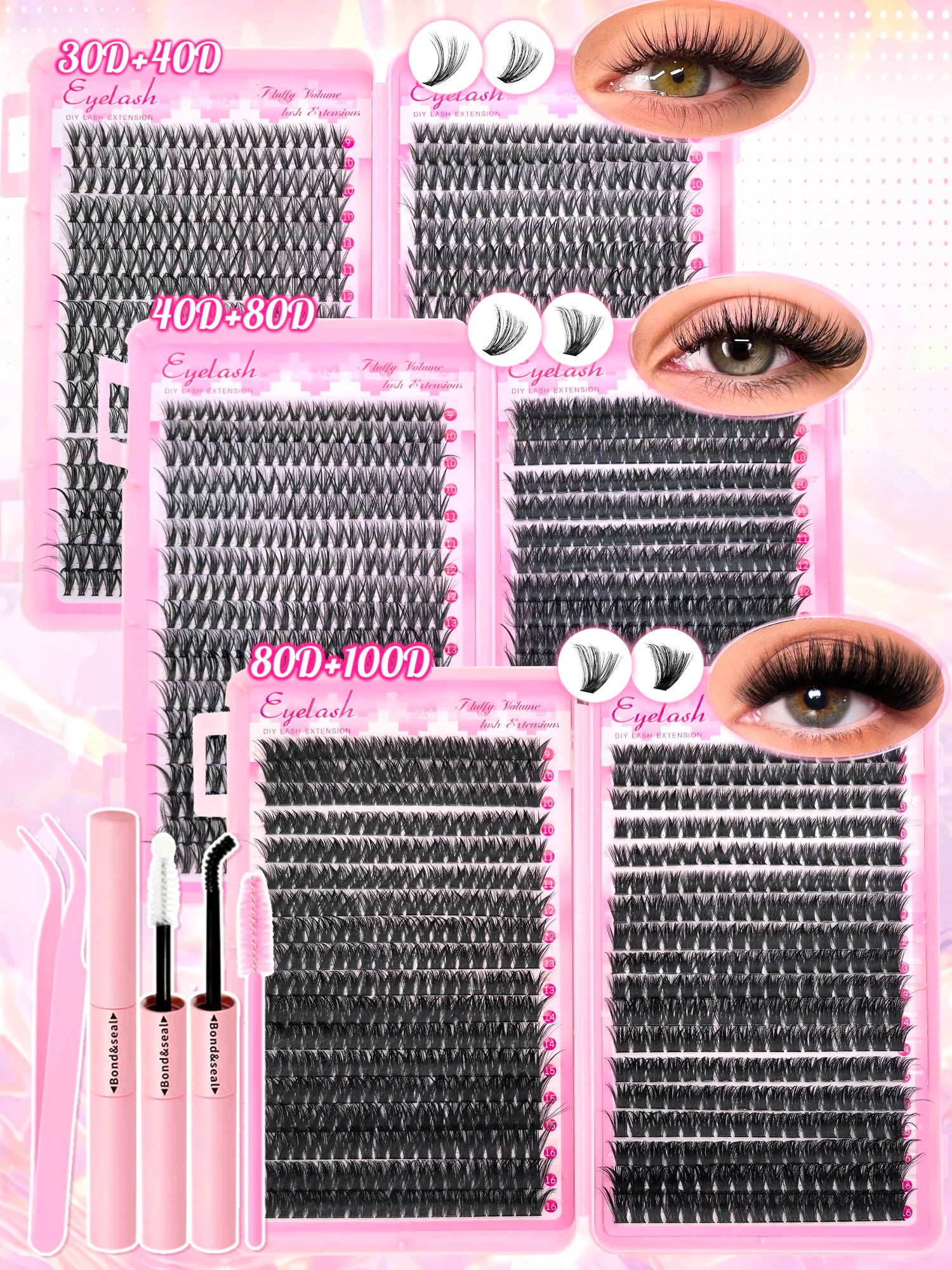 Kit d'extension de cils à faire soi-même : faux cils individuels de 9 à 16 mm avec colle et fixateur, effet naturel et vaporeux.