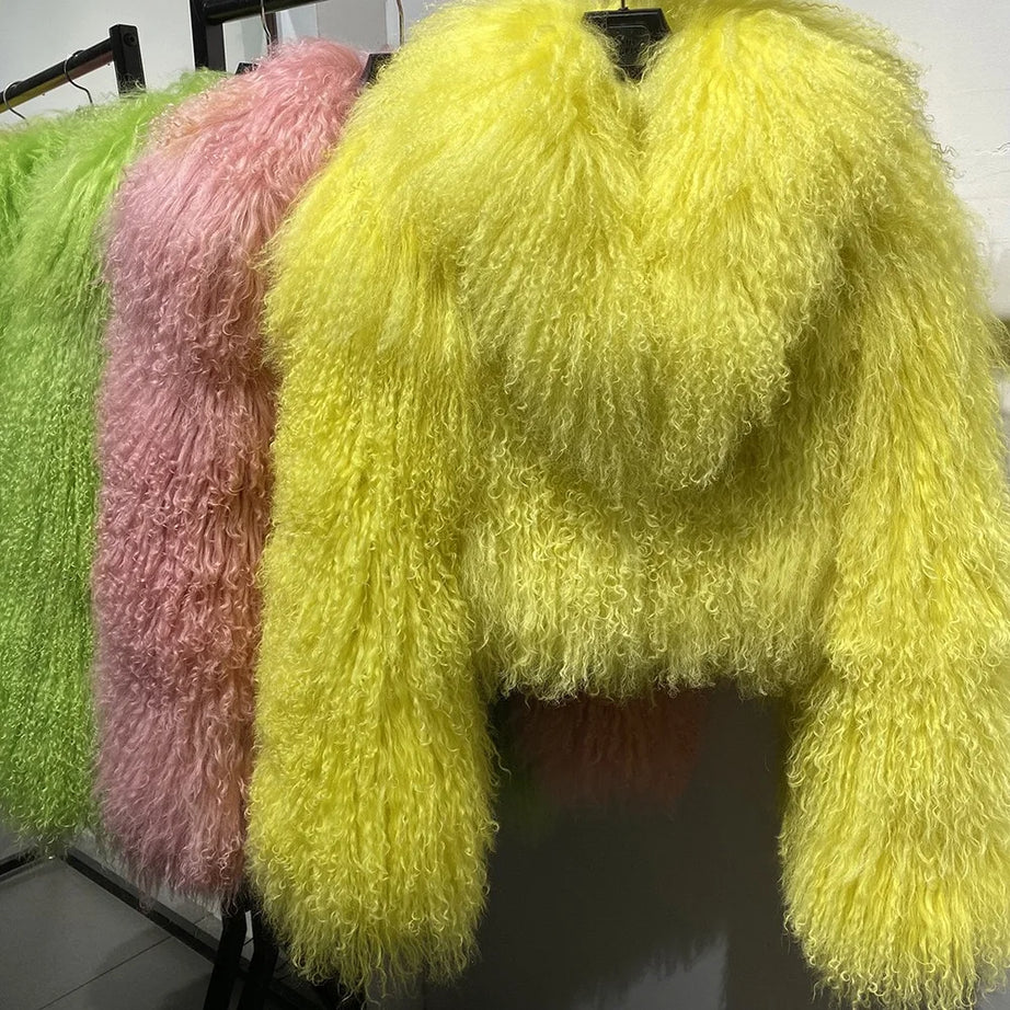 Manteau court en véritable fourrure de mouton de Mongolie, manches longues, pour femme.