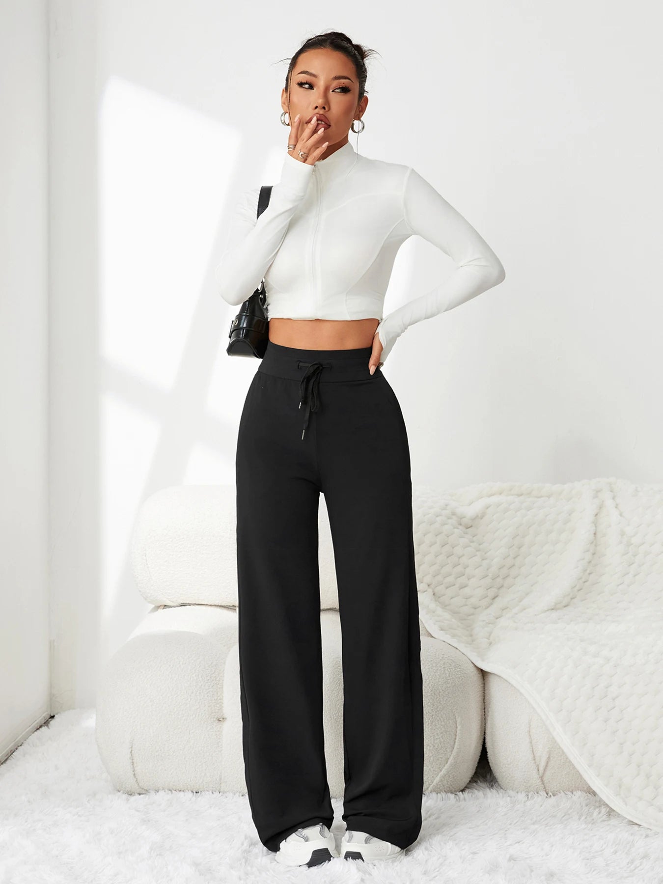 Pantalon rayé taille haute à cordon de serrage pour femme – Tissu drapé très extensible, coupe amincissante, idéal pour les loisirs et les trajets quotidiens