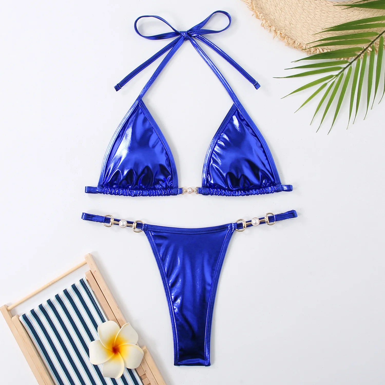 Micro bikini rose brillant 2025 Femme Sexy PU Perles Push-up String Maillot de bain été Maillot de bain bandage vacances