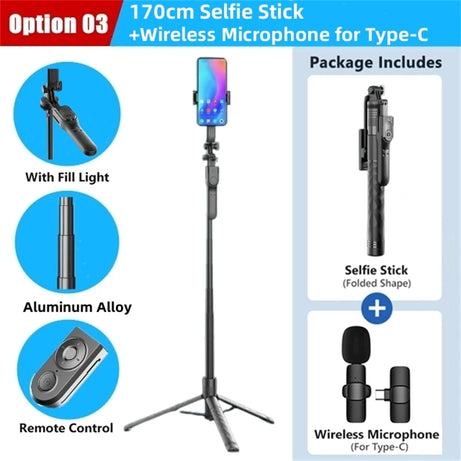 Perche à selfie sans fil FANGTUOSI 1750 mm, trépied, monopode pliable avec lumière LED pour smartphones, prise de vue stable et équilibrée en direct