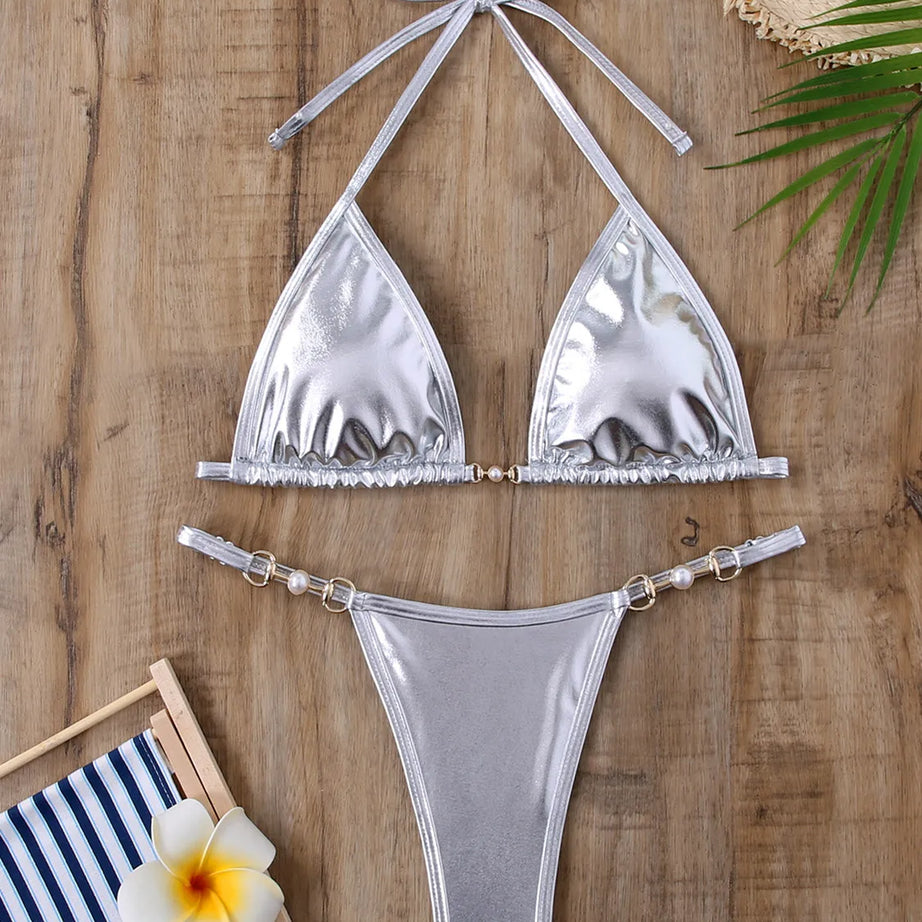 Micro bikini rose brillant 2025 Femme Sexy PU Perles Push-up String Maillot de bain été Maillot de bain bandage vacances