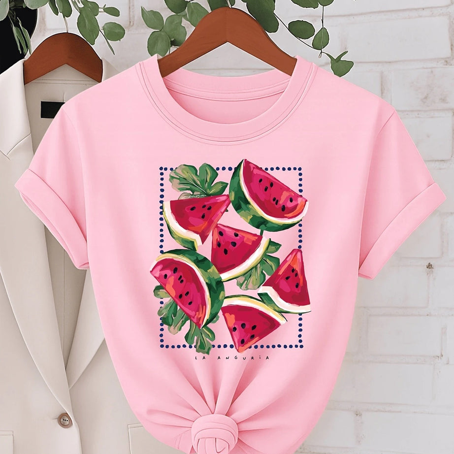 T-shirt minimaliste à imprimé pastèque pour l'été, haut décontracté à manches courtes et col rond pour femme, vêtement doux au quotidien