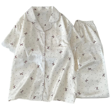 New Korean-Style Elegant Young Ladies' Pyjamas Summer New Arrival Short-Sleeved Polka Dot Bow Ice Silk Pyjama Set Homewear Set