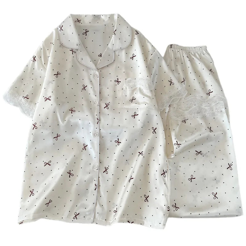 New Korean-Style Elegant Young Ladies' Pyjamas Summer New Arrival Short-Sleeved Polka Dot Bow Ice Silk Pyjama Set Homewear Set