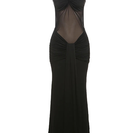 Robe maxi élégante patchwork pour femme, style classique et sexy, avec rubans transparents, dos nu et bretelles fines, coupe moulante, tendance festival et soirée.