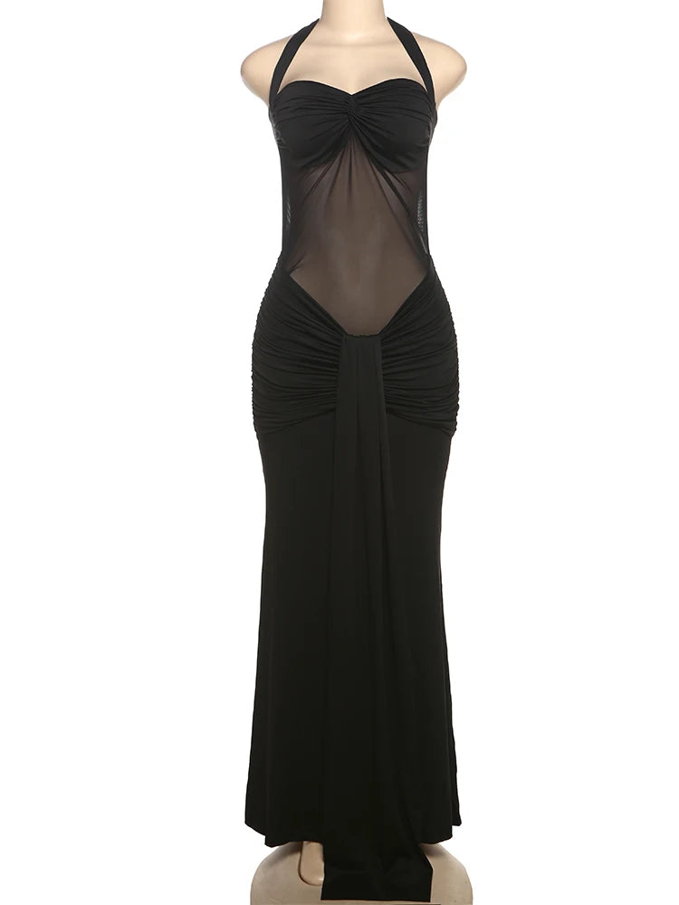 Robe maxi élégante patchwork pour femme, style classique et sexy, avec rubans transparents, dos nu et bretelles fines, coupe moulante, tendance festival et soirée.