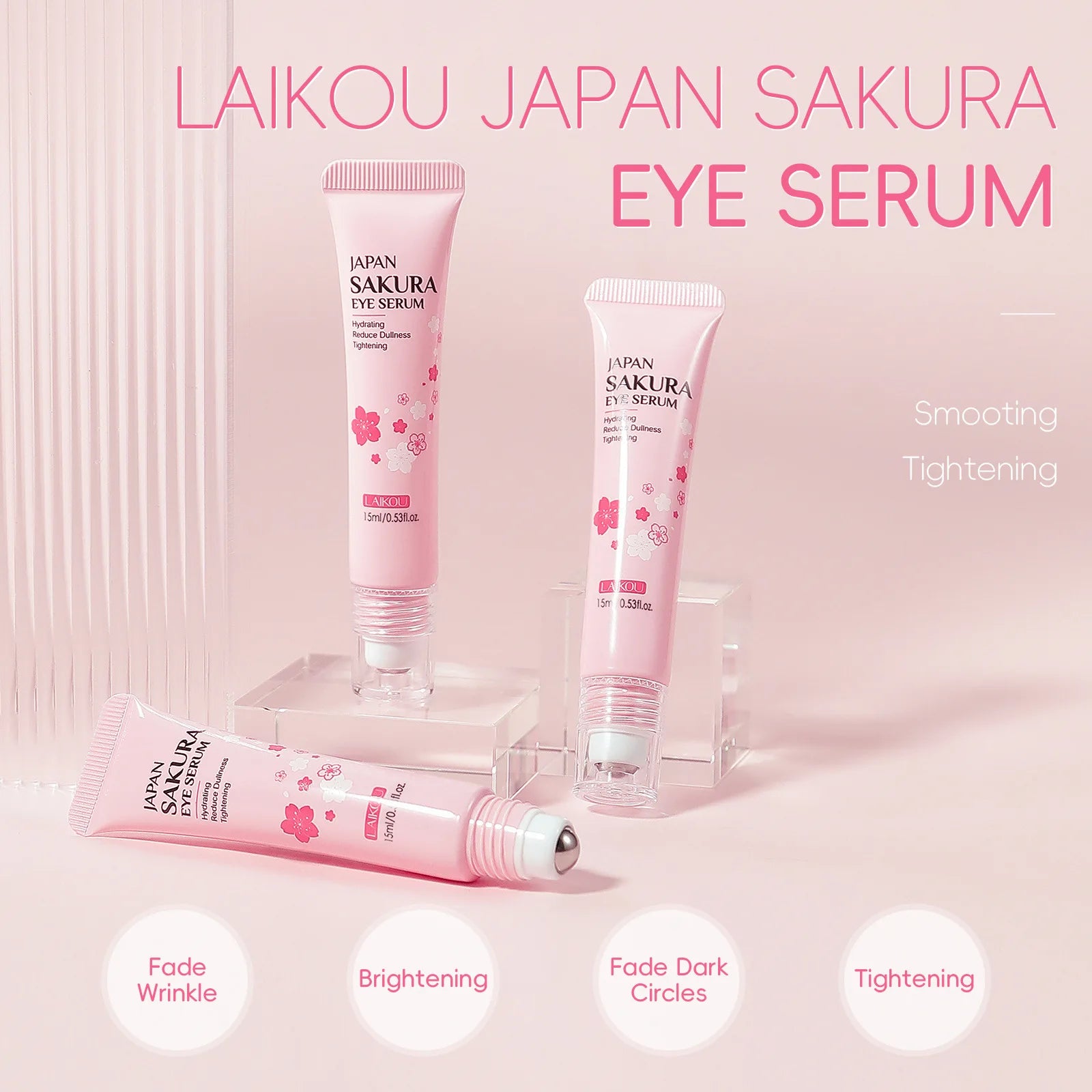 LAIKOU Sakura Eye Serum Roller Massage con ácido hialurónico para el cuidado de la piel, bolsas en los ojos, crema hidratante para ojeras 15 ml