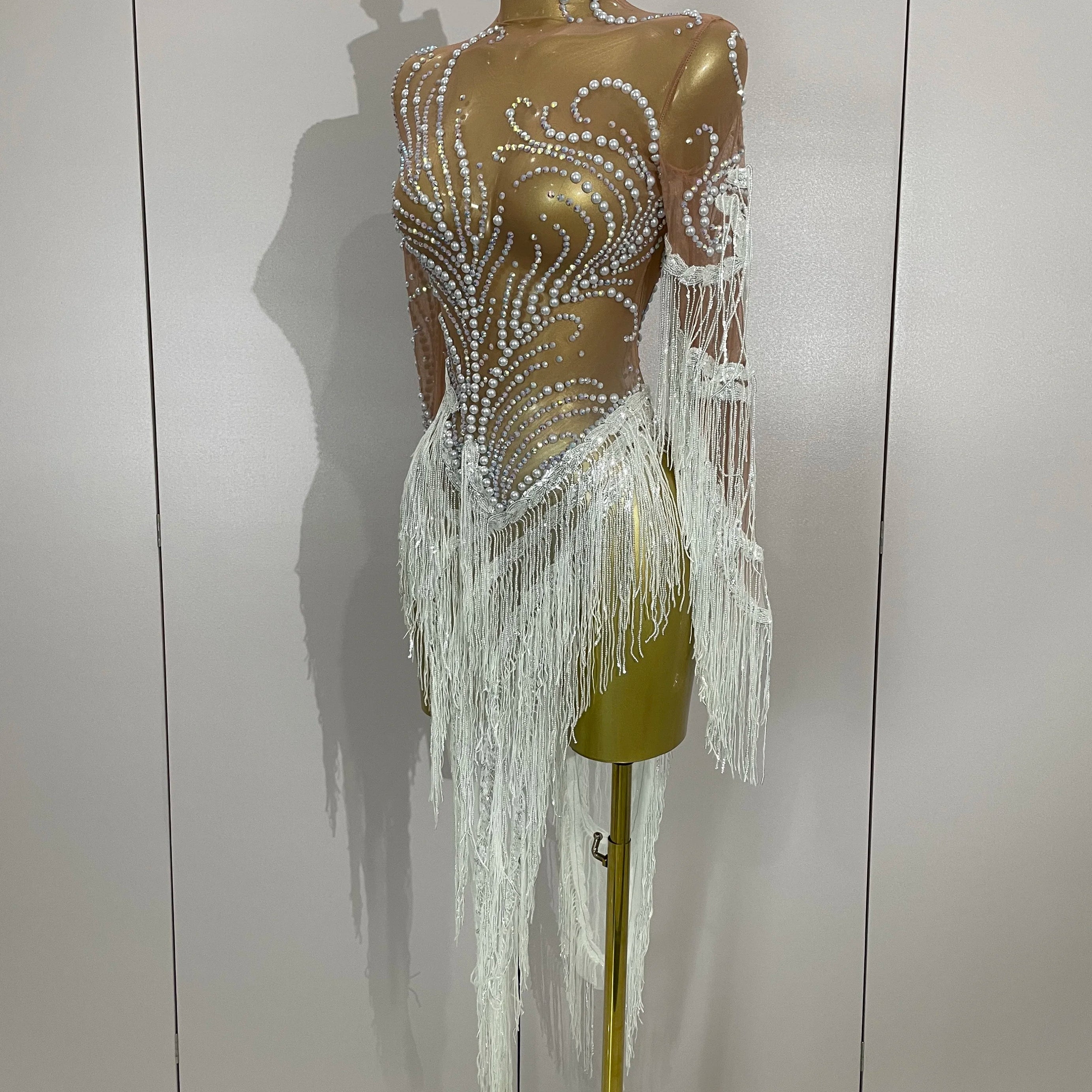 Women Sparkly Rhinestone Pearl Sequins Tassel Sexy Transparent Dress Evening Birthday Party Nightclub Dance Singer Stage Outfit