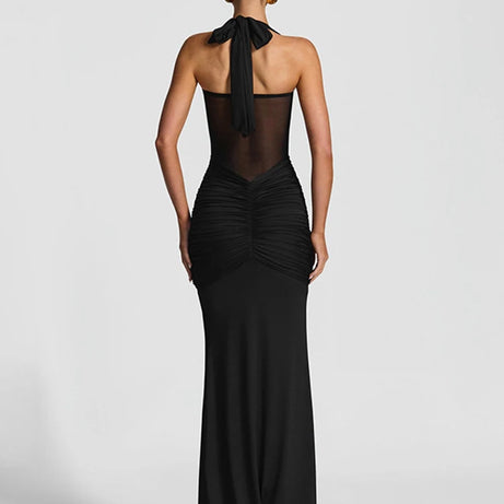 Robe maxi élégante patchwork pour femme, style classique et sexy, avec rubans transparents, dos nu et bretelles fines, coupe moulante, tendance festival et soirée.