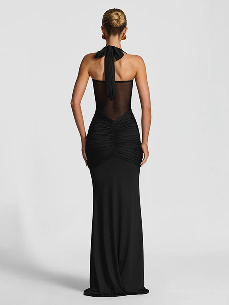 Robe maxi élégante patchwork pour femme, style classique et sexy, avec rubans transparents, dos nu et bretelles fines, coupe moulante, tendance festival et soirée.