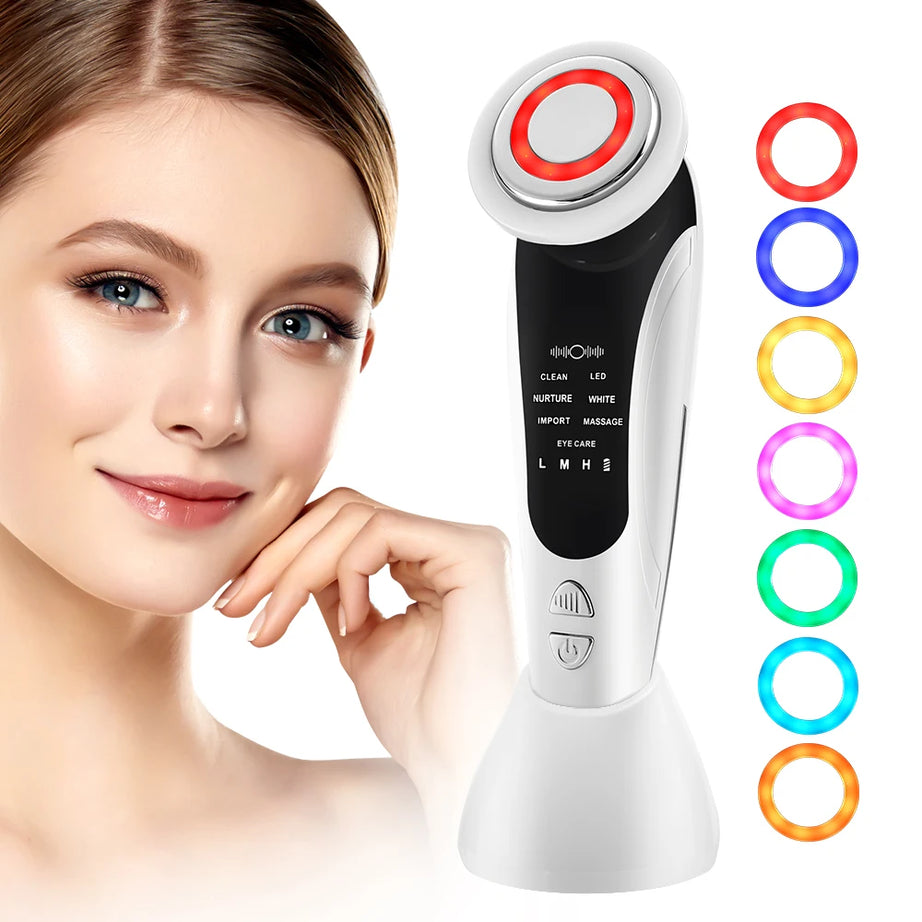 Appareil de massage facial EMS 7 en 1, instrument de beauté pour le visage avec vibrations induites, compresses chaudes et thérapie par la lumière LED.