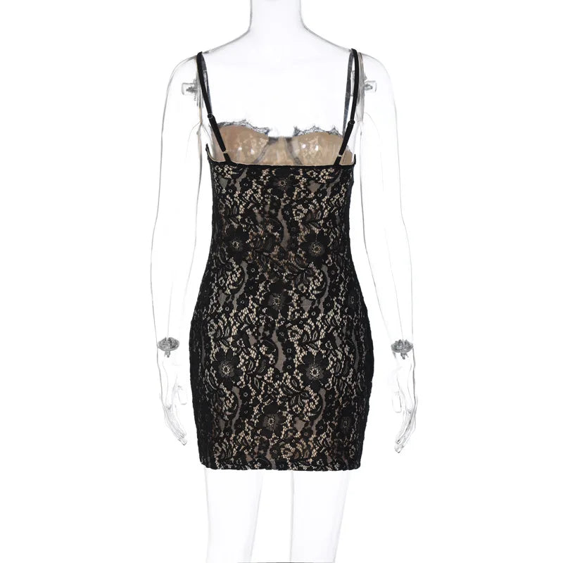 Robe mini moulante à bretelles en dentelle Dulzura été 2024 pour femme, style streetwear sexy, idéale pour les soirées et les clubs. Livraison directe. Vêtements style années 2000.