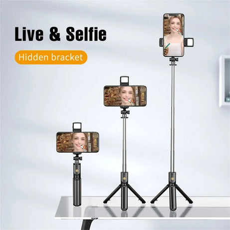 Perche à selfie sans fil avec trépied, lampe et télécommande Bluetooth extensible pour iPhone et streaming TikTok en direct