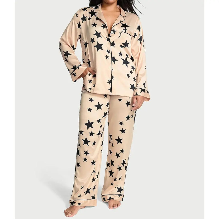 Ensemble pyjama 2 pièces en satin pour femme HEZIOWYUN : haut à manches longues avec col à revers et imprimé nœud/étoiles + pantalon à taille élastique.