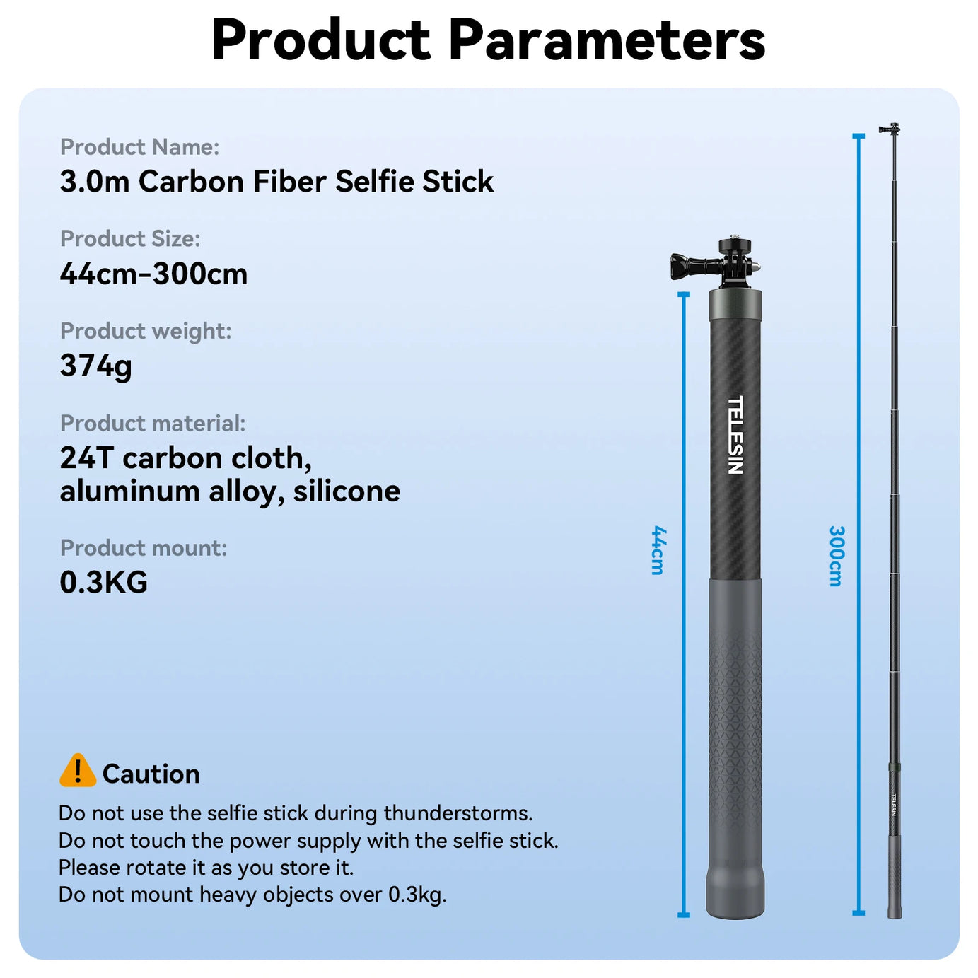 Perche à selfie monopode extensible TELESIN en fibre de carbone de 1,2 m x 3 m, avec vis 1/4", compatible avec les caméras d'action GoPro, Insta360, Osmo Action et DJI.