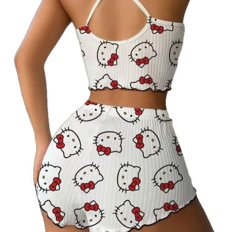 Ensemble pyjama short à bretelles courtes Spice Girl, nouveau dessin animé Hello Kitty, débardeur fin, short, idéal pour se détendre à l'extérieur.