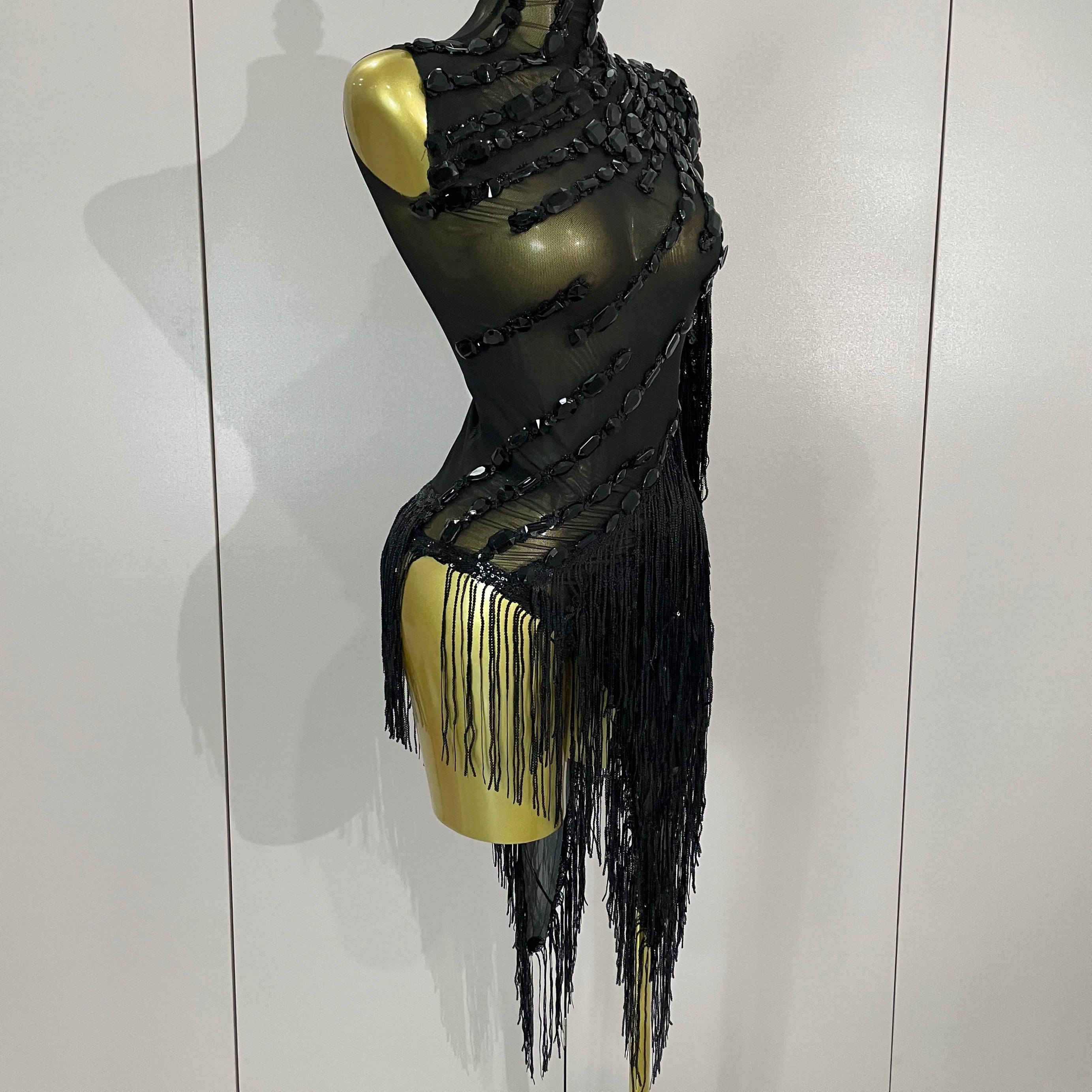 New Stage Costume Sparkly Rhinestones Tassel Sexy See-Through Dress Women One Shoulder Latin Dance Bars Nightclub Party Outfits
