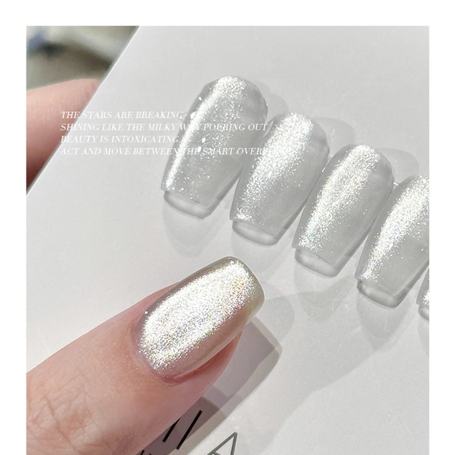 Vernis à ongles gel holographique à paillettes effet miroir blanc porcelaine, effet œil de chat, 10 ml, effet galactique magnétique, à dissoudre sous une lampe UV LED.