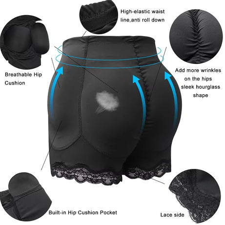Culotte gainante avec coussinets pour les hanches, effet push-up et rehausseur de fesses, ventre plat, effet lissant, effet fesses rebondies.