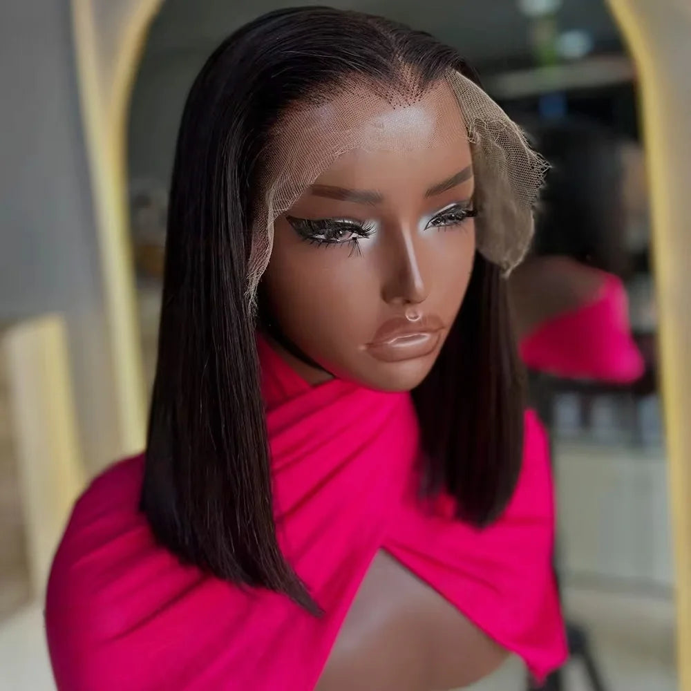 Perruque courte et lisse 13x4 avec lace front transparente 4x4, densité 200%, 100% cheveux humains, pré-épilée, pour femmes noires, 12 à 16 pouces.