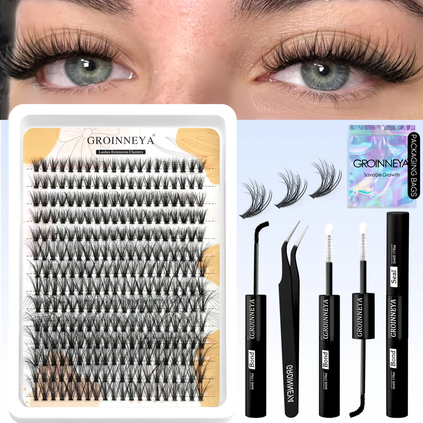 Kit de faux cils GROINNEYA avec patchs waterproof à tenue forte, kit d'extension de cils à faire soi-même, colle et fixateur, pince à épiler et maquillage.