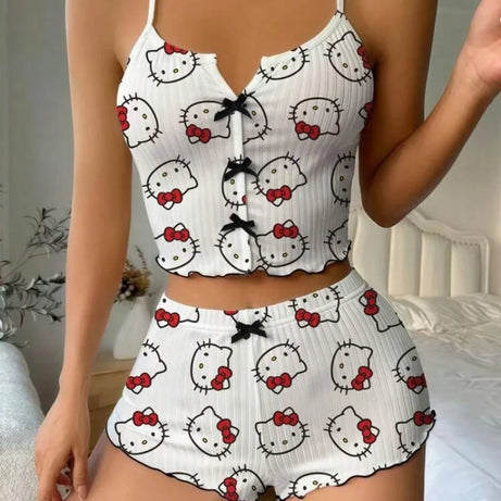 Ensemble pyjama short à bretelles courtes Spice Girl, nouveau dessin animé Hello Kitty, débardeur fin, short, idéal pour se détendre à l'extérieur.